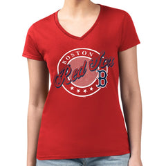 Boston Red Sox G-III 4Her by Carl Banks Women's Super-Slim Fit Lightweight Pinstripe Circle V-Neck T-Shirt Clearance