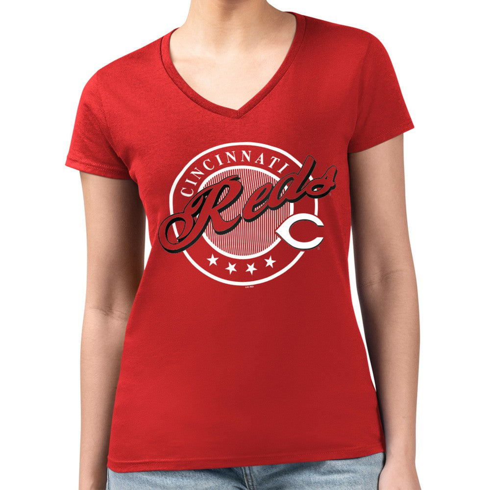 Cincinnati Reds G-III 4Her by Carl Banks Women's Super-Slim Fit Lightweight Pinstripe Circle V-Neck T-Shirt Online