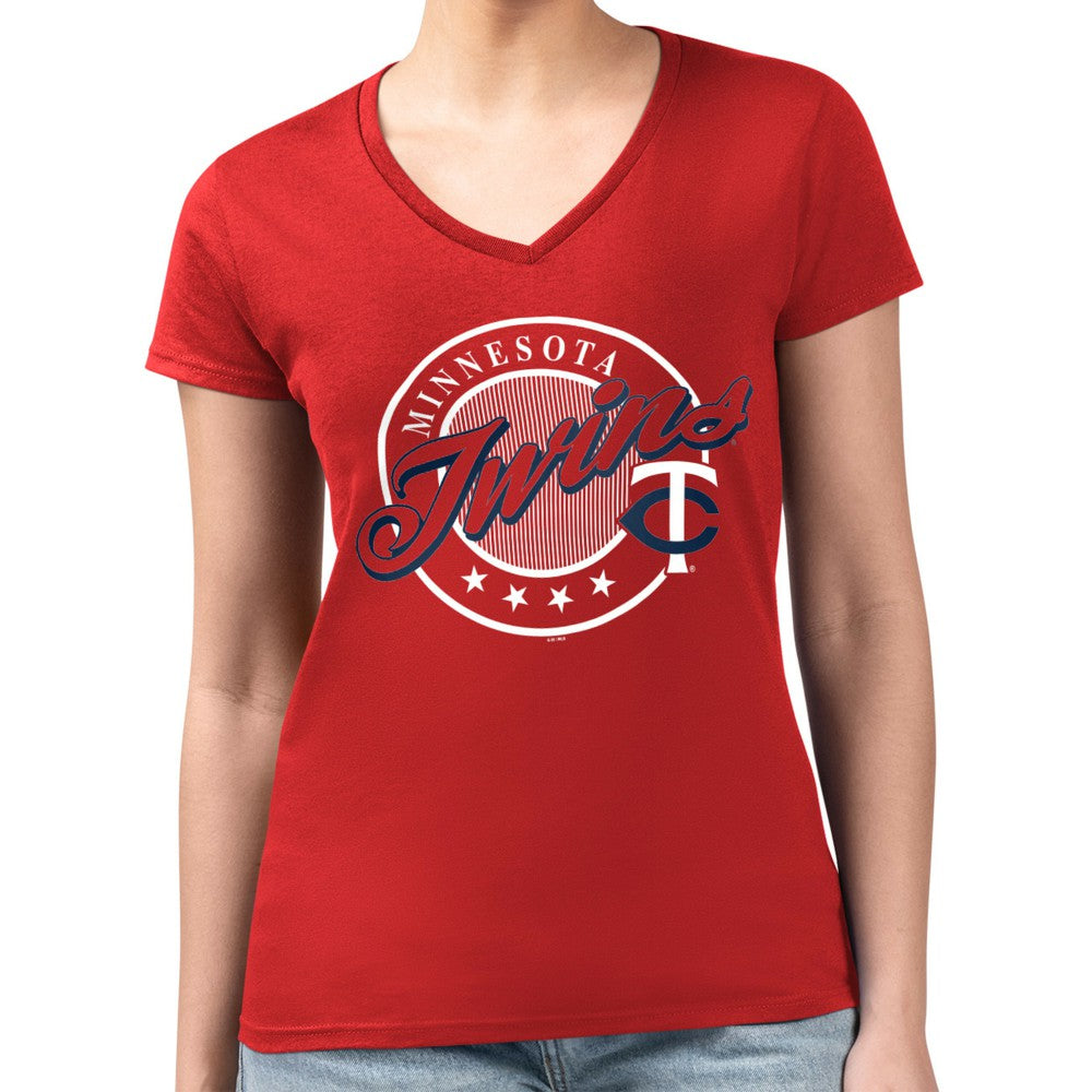 Minnesota Twins G-III 4Her by Carl Banks Women's Super-Slim Fit Lightweight Pinstripe Circle V-Neck T-Shirt Lifestyle