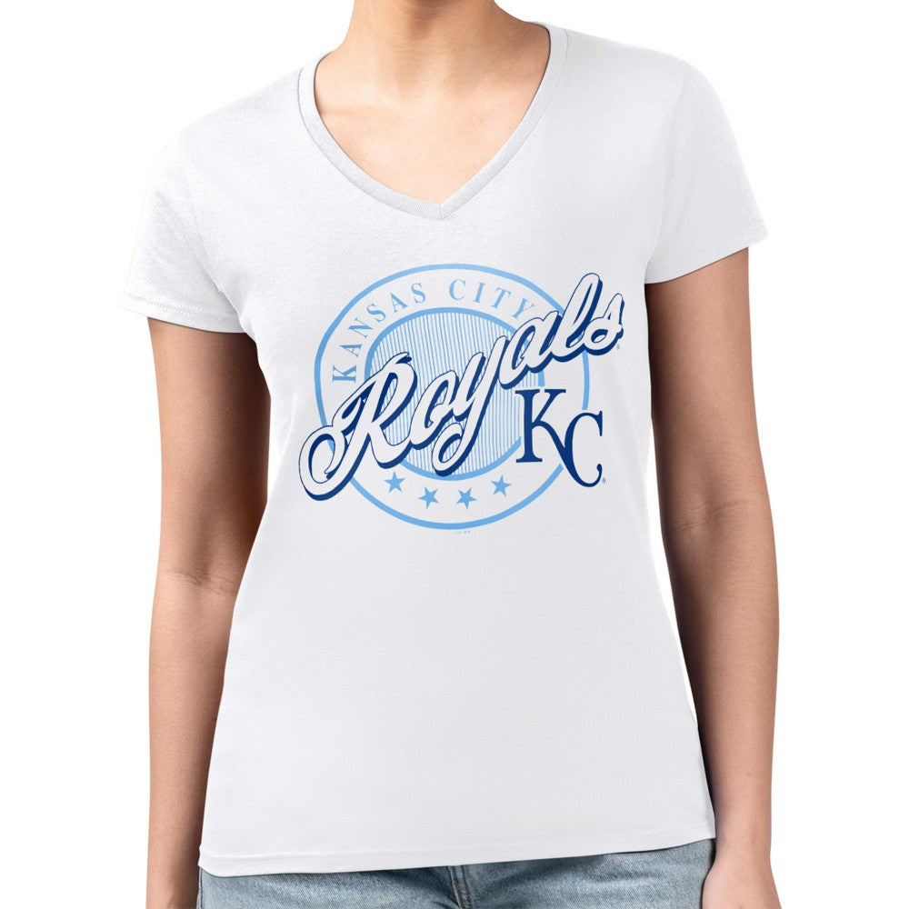 Kansas City Royals G-III 4Her by Carl Banks Women's Super-Slim Fit Lightweight Pinstripe Circle V-Neck T-Shirt Clearance