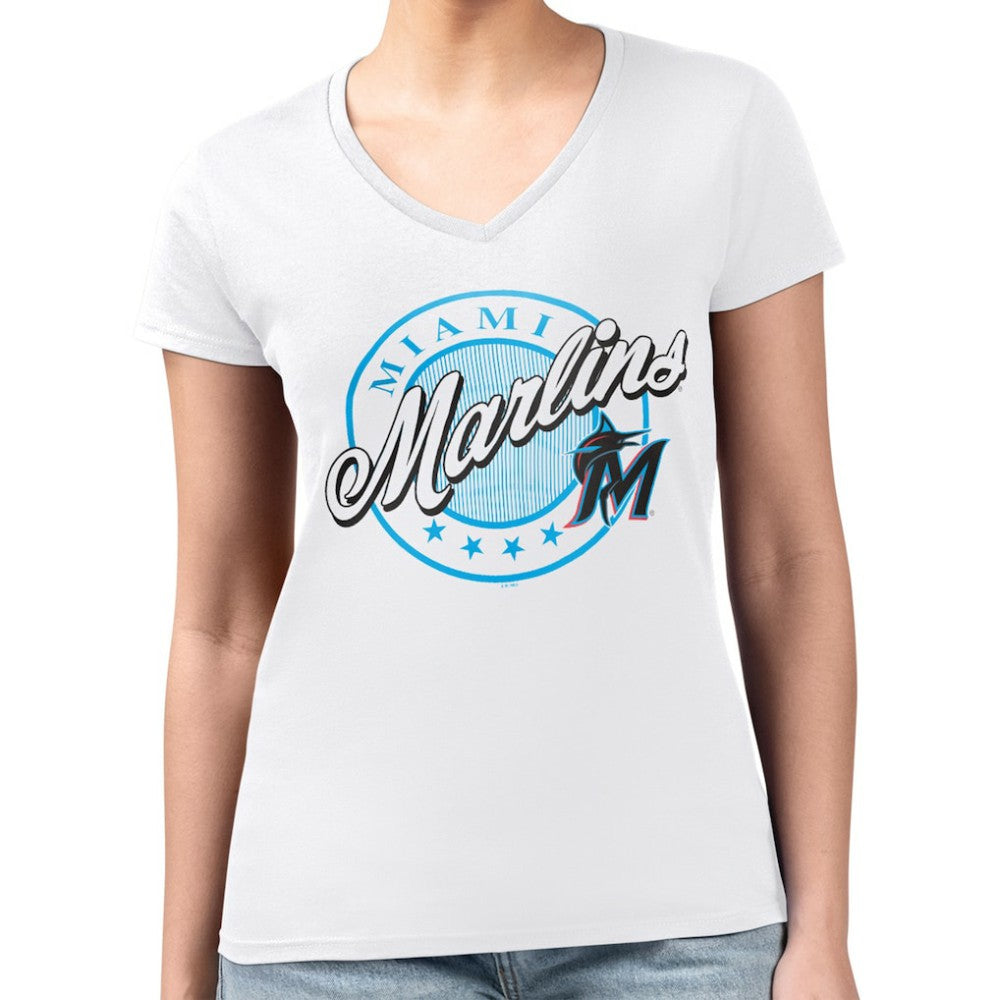 Miami Marlins G-III 4Her by Carl Banks Women's Super-Slim Fit Lightweight Pinstripe Circle V-Neck T-Shirt Clearance