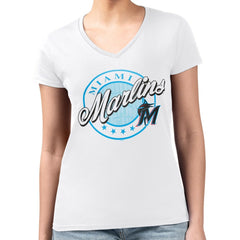 Miami Marlins G-III 4Her by Carl Banks Women's Super-Slim Fit Lightweight Pinstripe Circle V-Neck T-Shirt Clearance