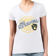 Milwaukee Brewers G-III 4Her by Carl Banks Women's Super-Slim Fit Lightweight Pinstripe Circle V-Neck T-Shirt Lifestyle