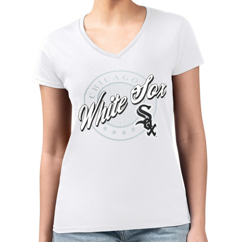 Chicago White Sox G-III 4Her by Carl Banks Women's Super-Slim Fit Lightweight Pinstripe Circle V-Neck T-Shirt On Sale