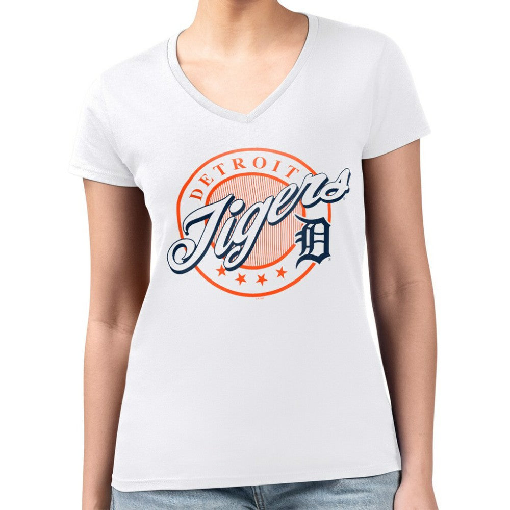 Detroit Tigers G-III 4Her by Carl Banks Women's Super-Slim Fit Lightweight Pinstripe Circle V-Neck T-Shirt Lifestyle