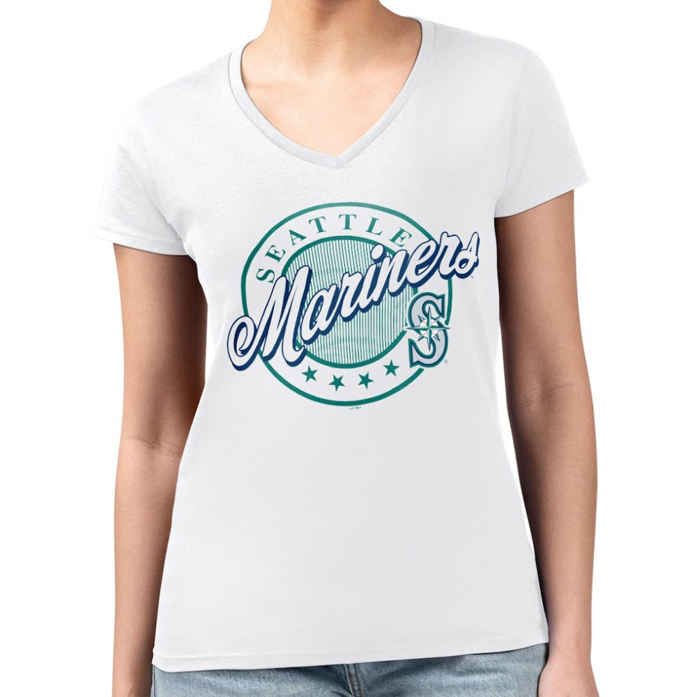 Seattle Mariners G-III 4Her by Carl Banks Women's Super-Slim Fit Lightweight Pinstripe Circle V-Neck T-Shirt Sale