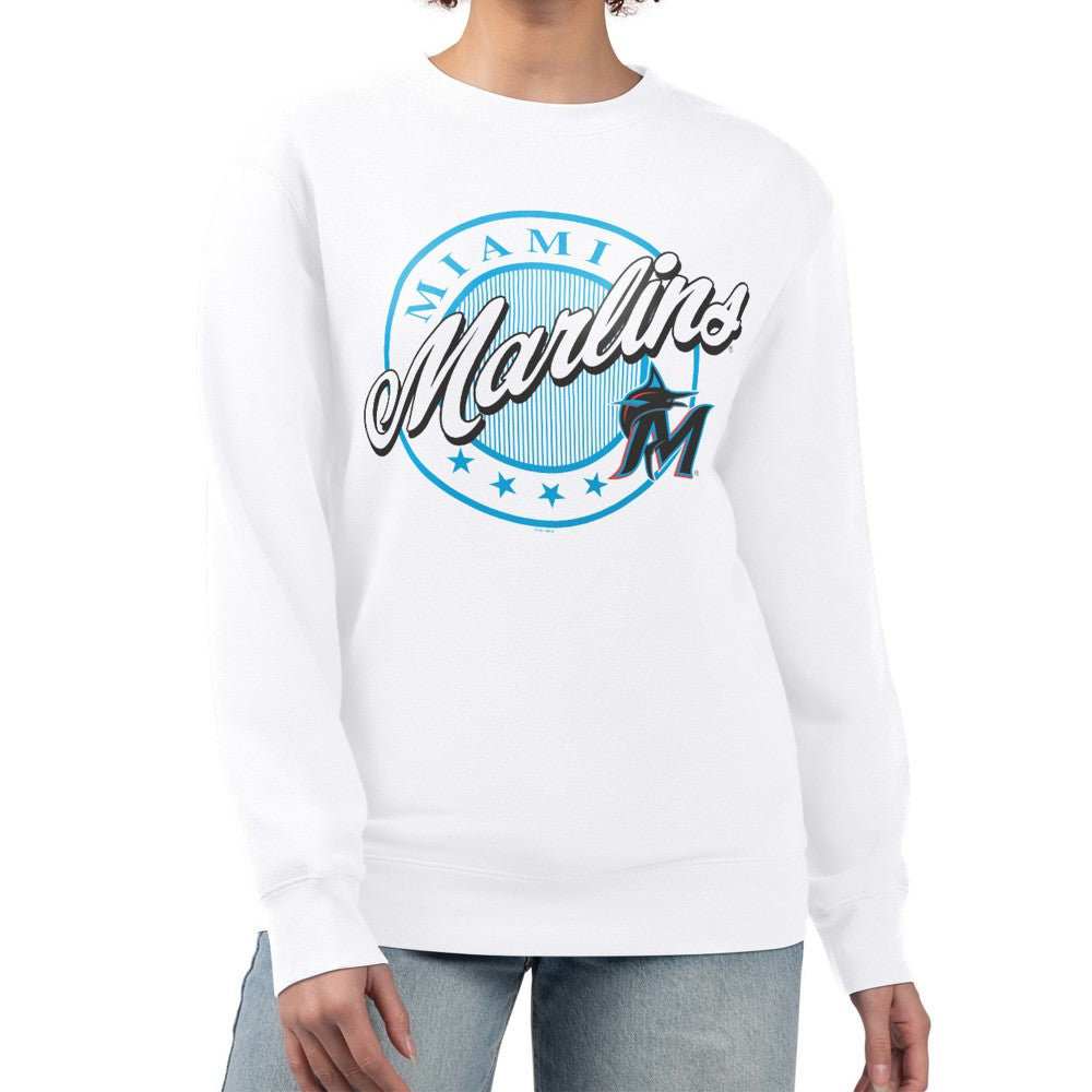 Miami Marlins G-III 4Her by Carl Banks Women's Pinstripe Circle Team Fleece Pullover Sweatshirt Clearance