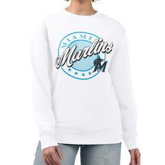 Miami Marlins G-III 4Her by Carl Banks Women's Pinstripe Circle Team Fleece Pullover Sweatshirt Clearance