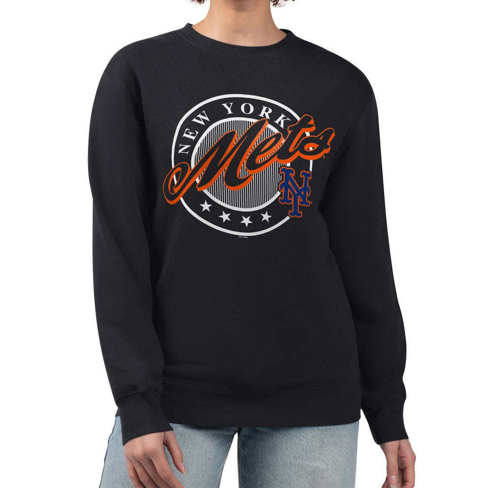 New York Mets G-III 4Her by Carl Banks Women's Pinstripe Circle Team Fleece Pullover Sweatshirt Clearance
