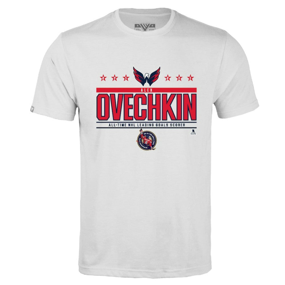 Alexander Ovechkin Washington Capitals Levelwear NHL All-Time Leading Goal Scorer Milestone Stars Name & Number Richmond T-Shirt White