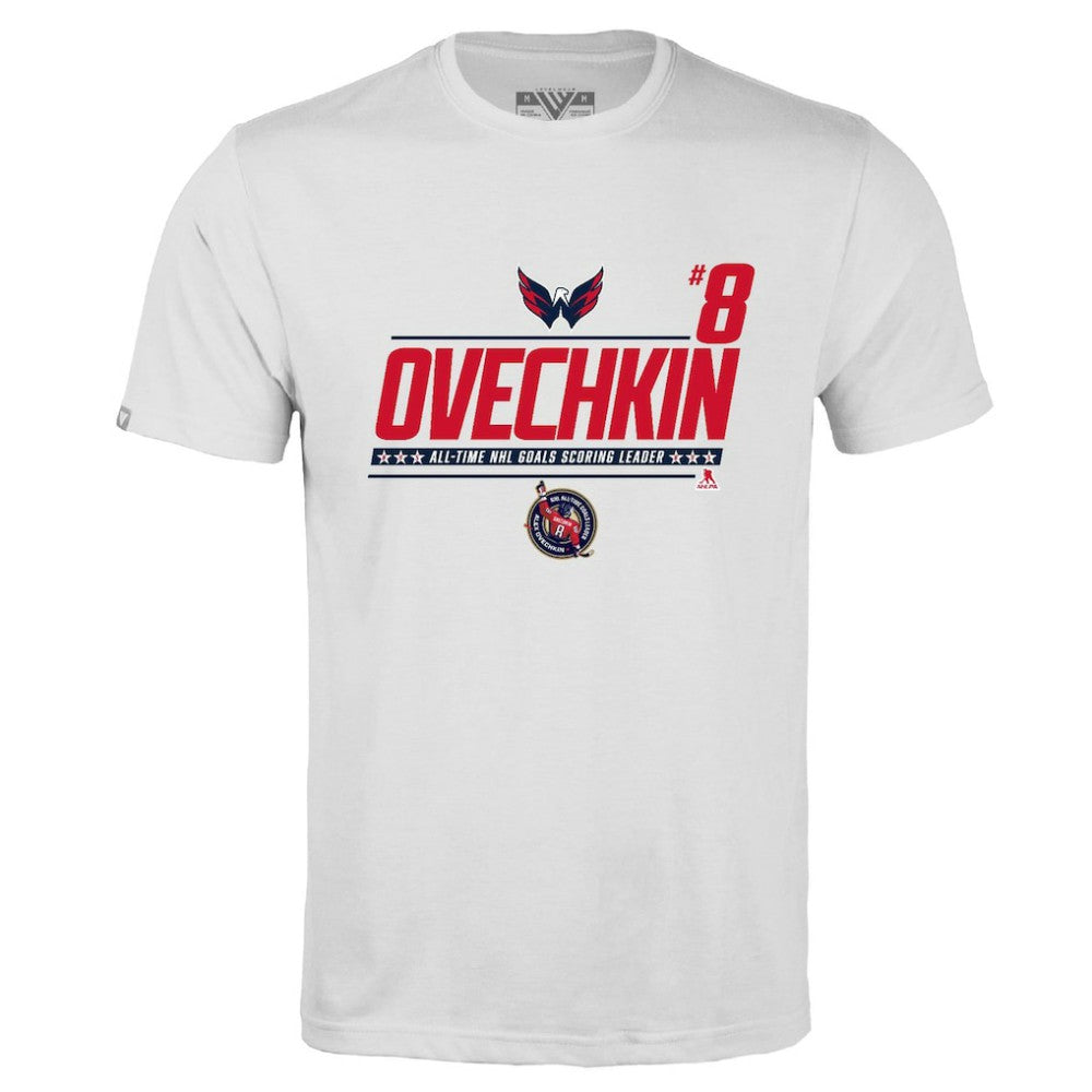 Alexander Ovechkin Washington Capitals Levelwear NHL All-Time Leading Goal Scorer Milestone Name & Number Richmond T-Shirt White
