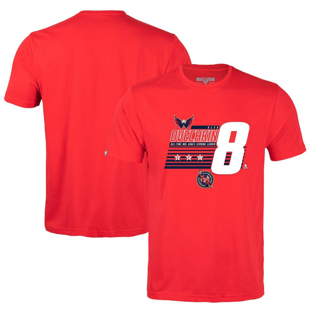 Alexander Ovechkin Washington Capitals Levelwear NHL All-Time Leading Goal Scorer Milestone Stripes Name & Number Richmond T-Shirt Red