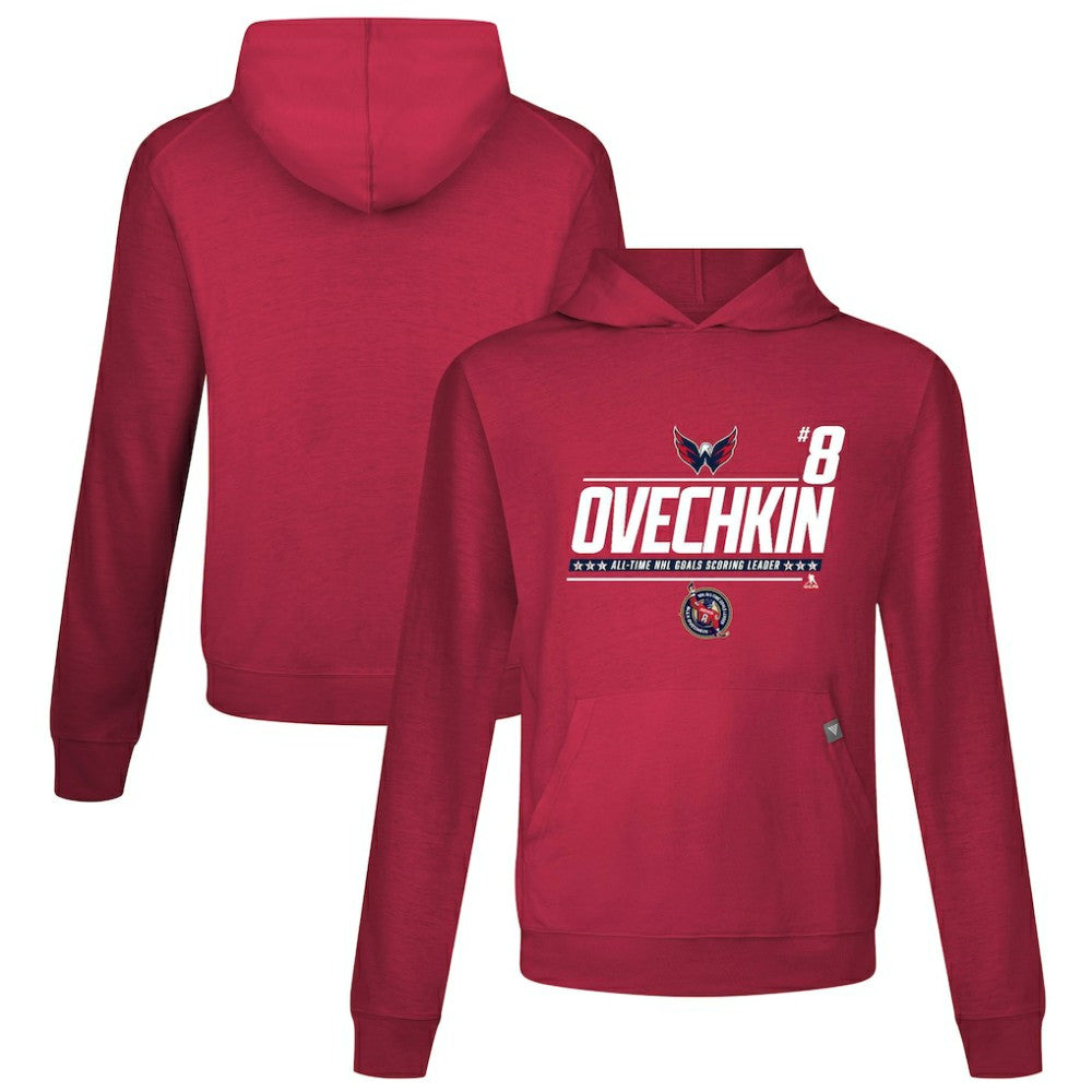 Alexander Ovechkin Washington Capitals Levelwear NHL All-Time Leading Goal Scorer Milestone Name & Number Relay Pullover Hoodie Red