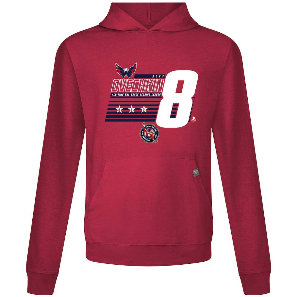 Alexander Ovechkin Washington Capitals Levelwear NHL All-Time Leading Goal Scorer Milestone Stripes Name & Number Relay Pullover Hoodie Red