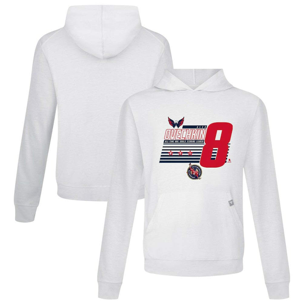 Alexander Ovechkin Washington Capitals Levelwear NHL All-Time Leading Goal Scorer Milestone Stripes Name & Number Relay Pullover Hoodie White