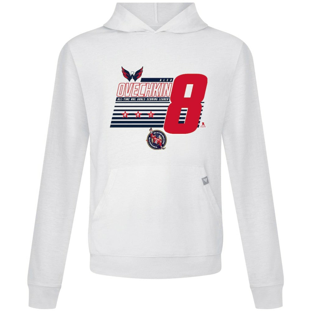 Alexander Ovechkin Washington Capitals Levelwear NHL All-Time Leading Goal Scorer Milestone Stripes Name & Number Relay Pullover Hoodie White