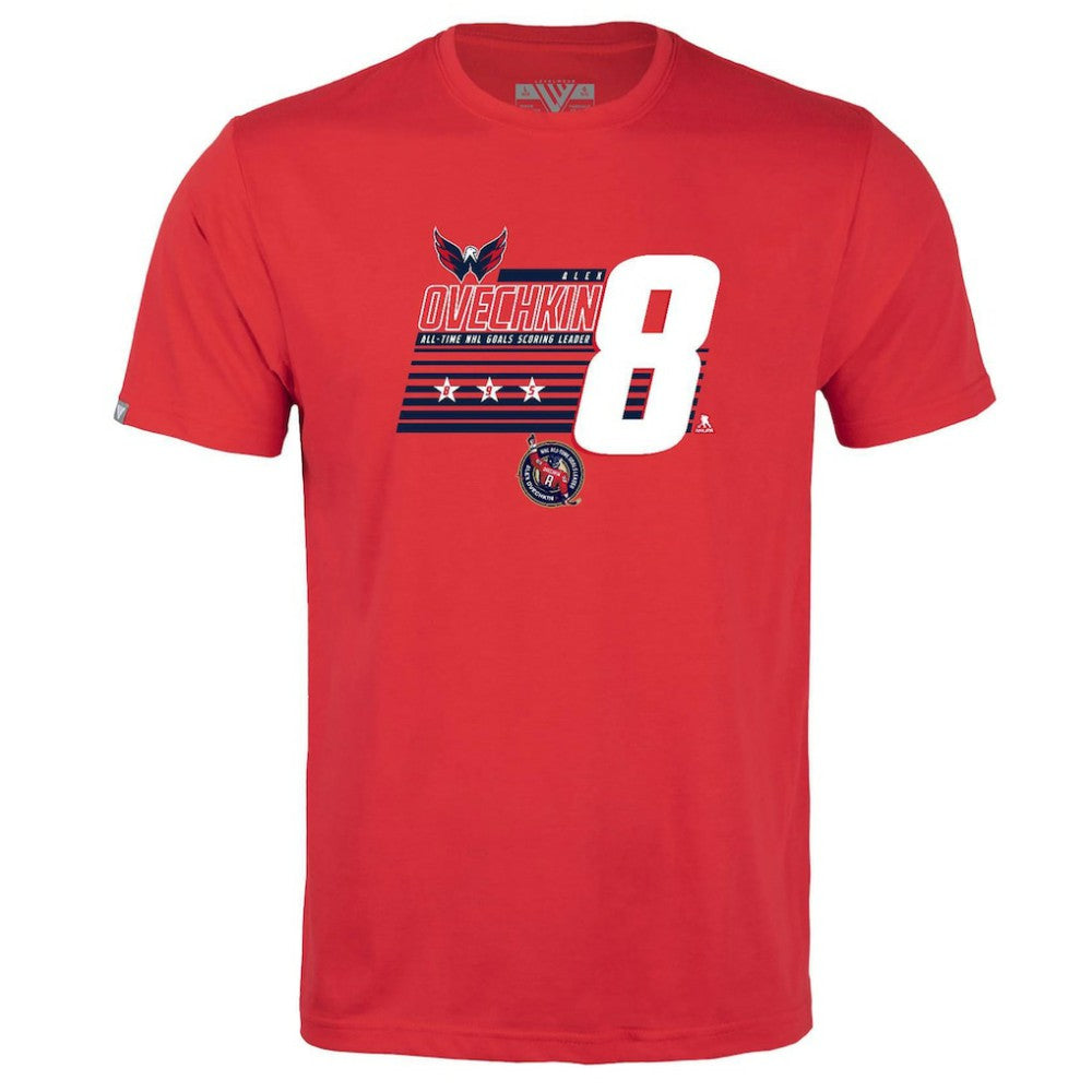 Alexander Ovechkin Washington Capitals Levelwear Youth NHL All-Time Leading Goal Scorer Milestone Stripes Name & Number Little Richmond T-Shirt Red