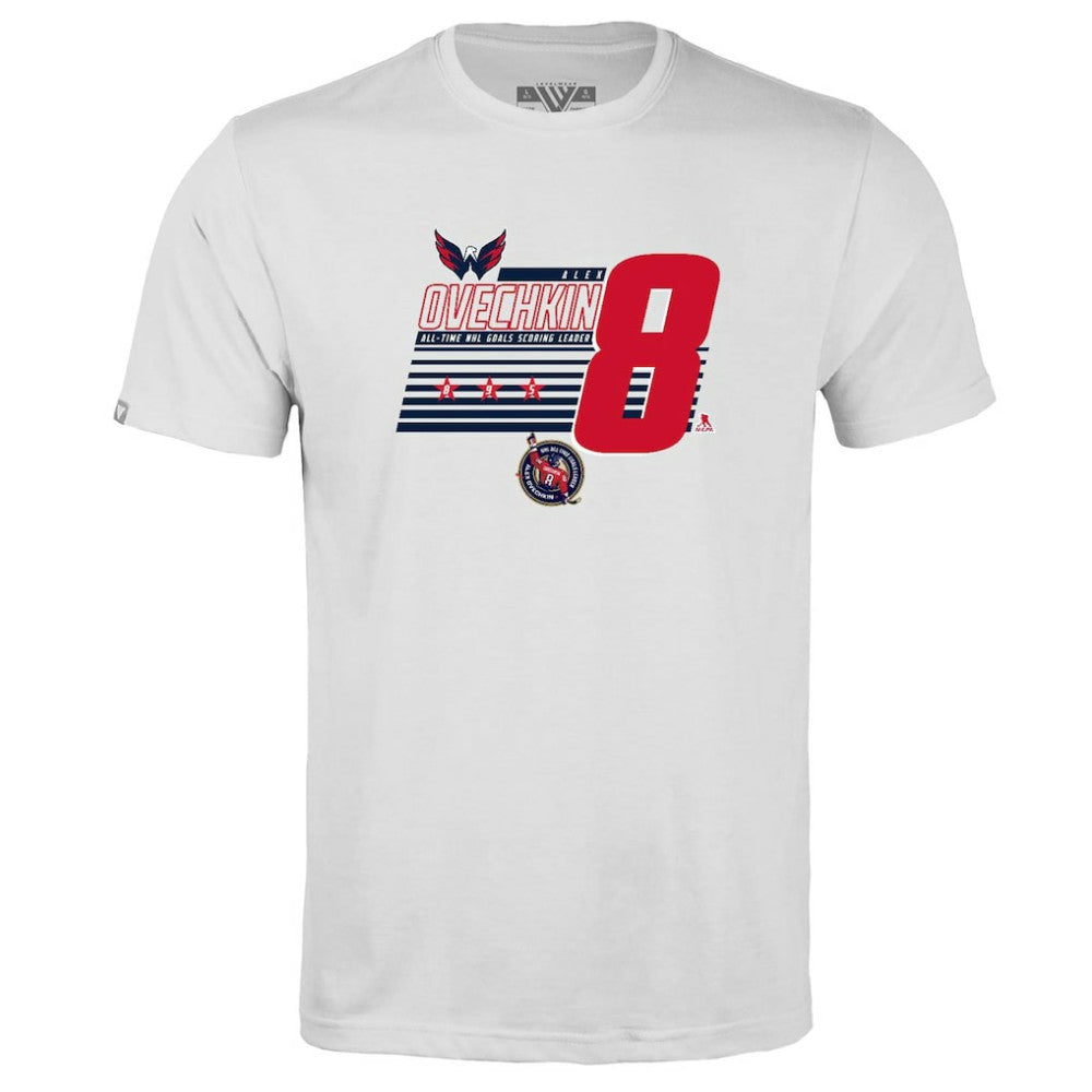 Alexander Ovechkin Washington Capitals Levelwear Youth NHL All-Time Leading Goal Scorer Milestone Stripes Name & Number Little Richmond T-Shirt White