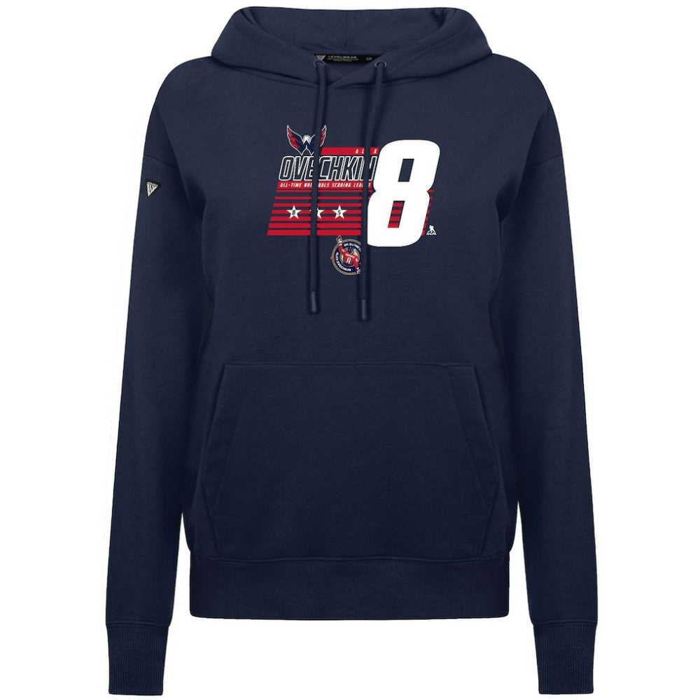 Alexander Ovechkin Washington Capitals Levelwear Women's NHL All-Time Leading Goal Scorer Milestone Stripes Name & Number Adorn Pullover Hoodie Navy