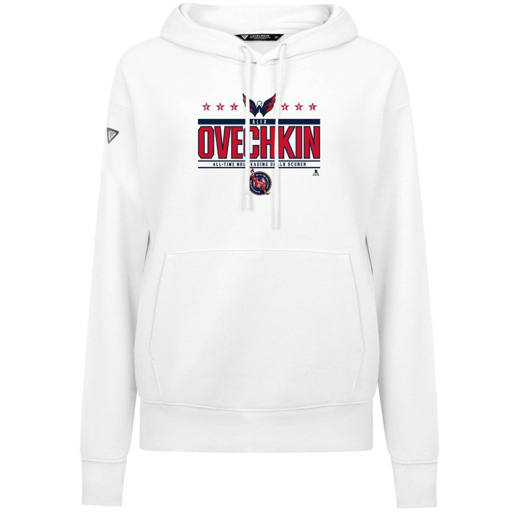 Alexander Ovechkin Washington Capitals Levelwear Women's NHL All-Time Leading Goal Scorer Milestone Stripes Name & Number Adorn Pullover Hoodie White