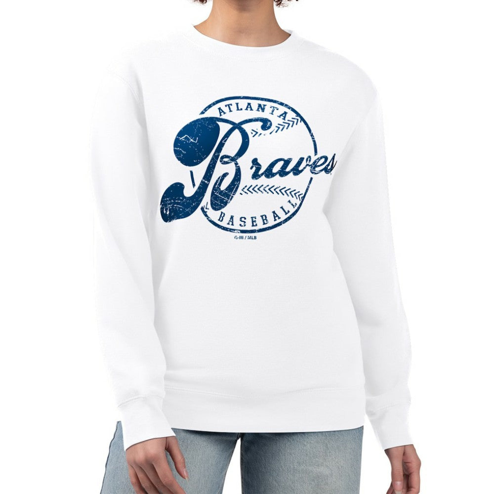 Atlanta Braves G-III 4Her by Carl Banks Women's Distressed Baseball Team Fleece Pullover Sweatshirt Lifestyle