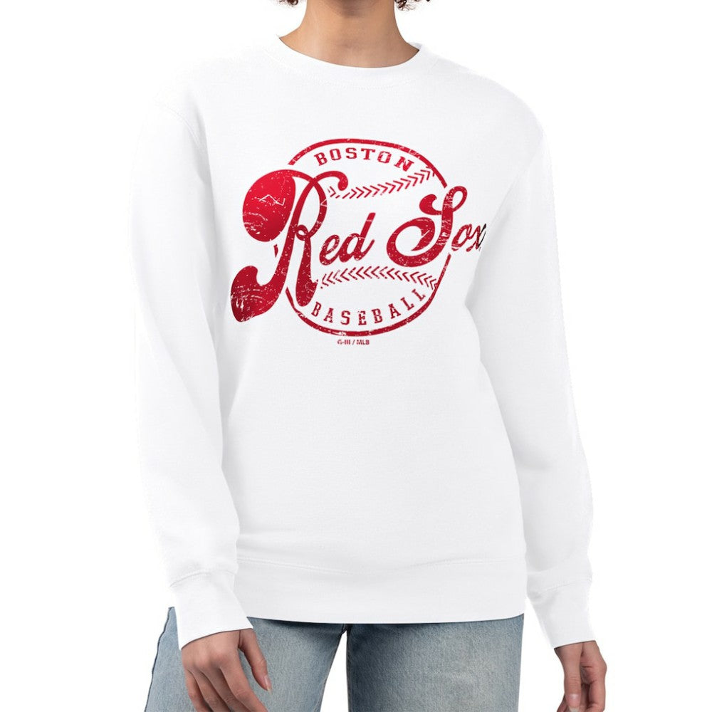 Boston Red Sox G-III 4Her by Carl Banks Women's Distressed Baseball Team Fleece Pullover Sweatshirt Clearance
