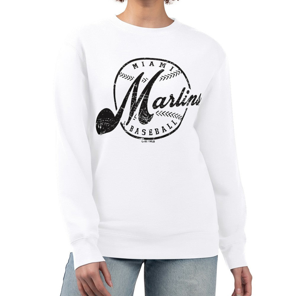 Miami Marlins G-III 4Her by Carl Banks Women's Distressed Baseball Team Fleece Pullover Sweatshirt Lifestyle