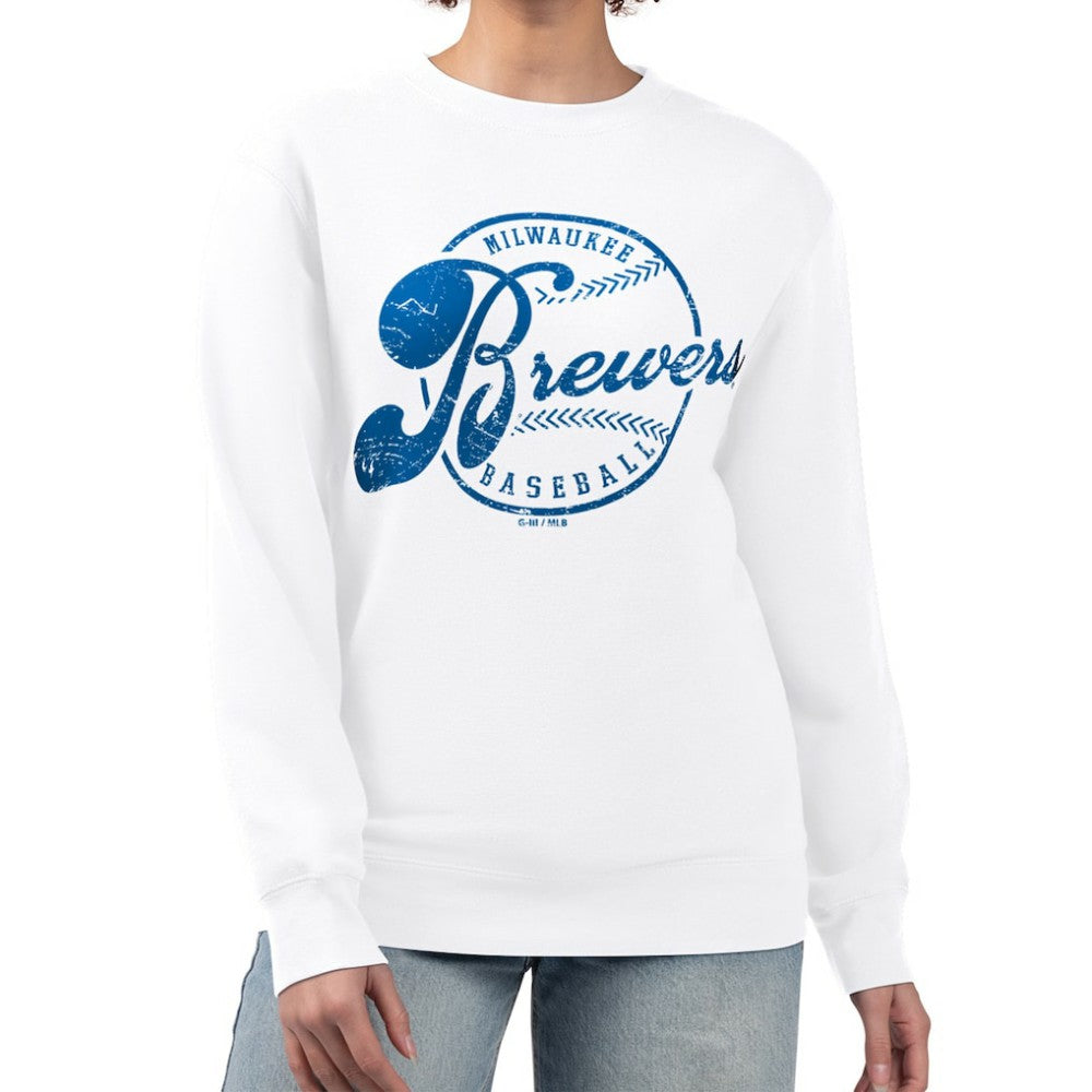 Milwaukee Brewers G-III 4Her by Carl Banks Women's Distressed Baseball Team Fleece Pullover Sweatshirt Clearance