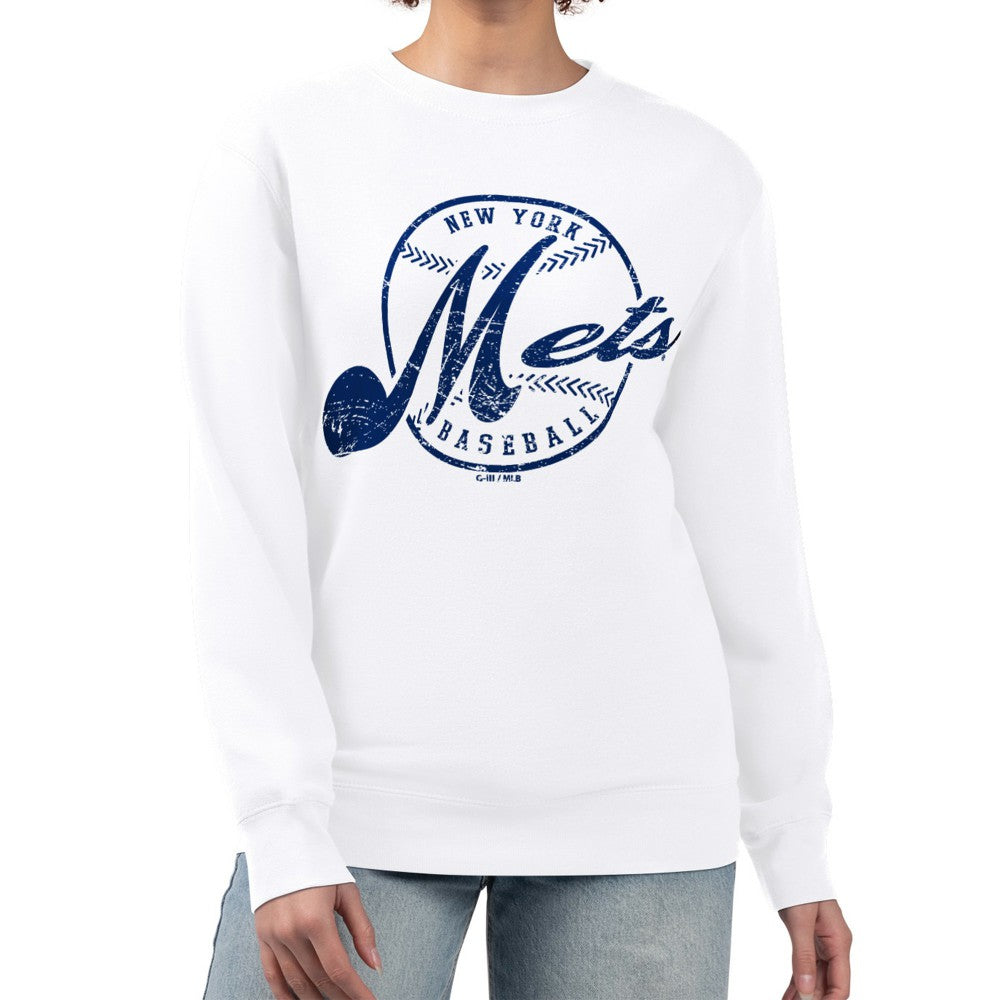 New York Mets G-III 4Her by Carl Banks Women's Distressed Baseball Team Fleece Pullover Sweatshirt On Sale