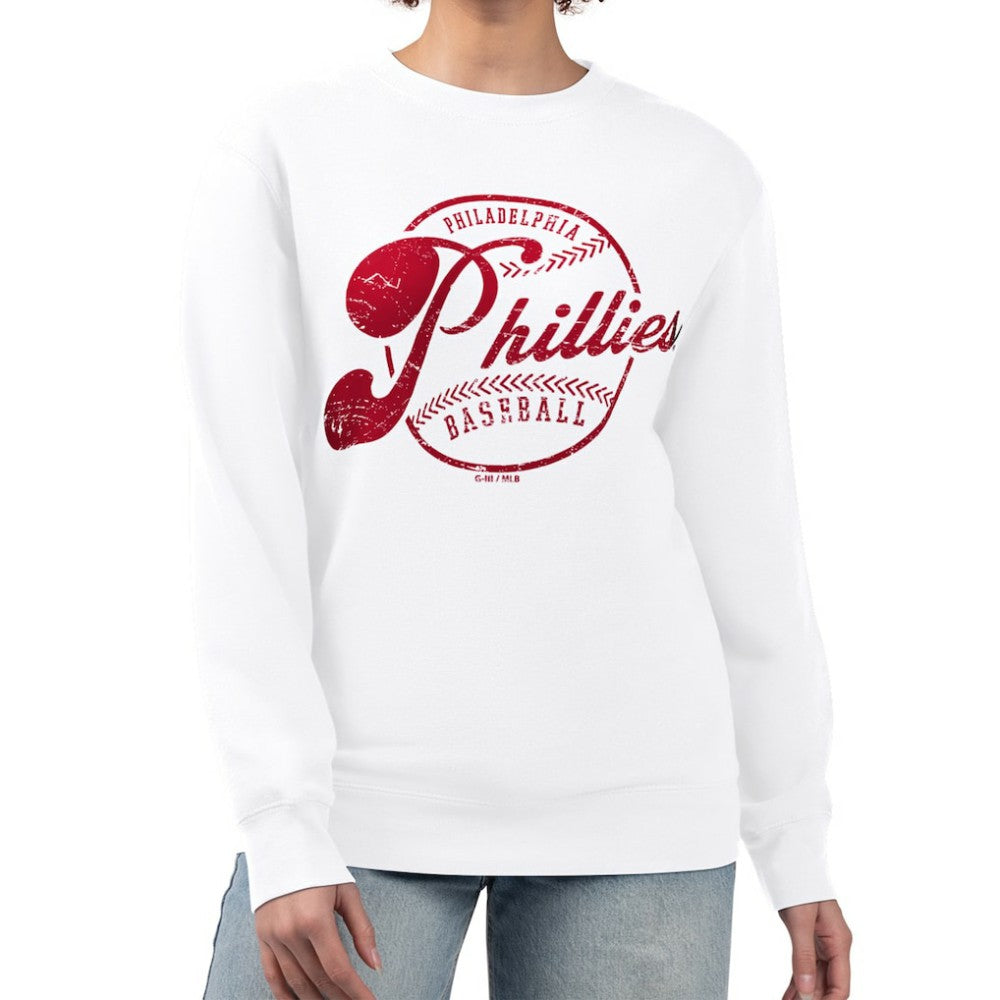 Philadelphia Phillies G-III 4Her by Carl Banks Women's Distressed Baseball Team Fleece Pullover Sweatshirt On Sale