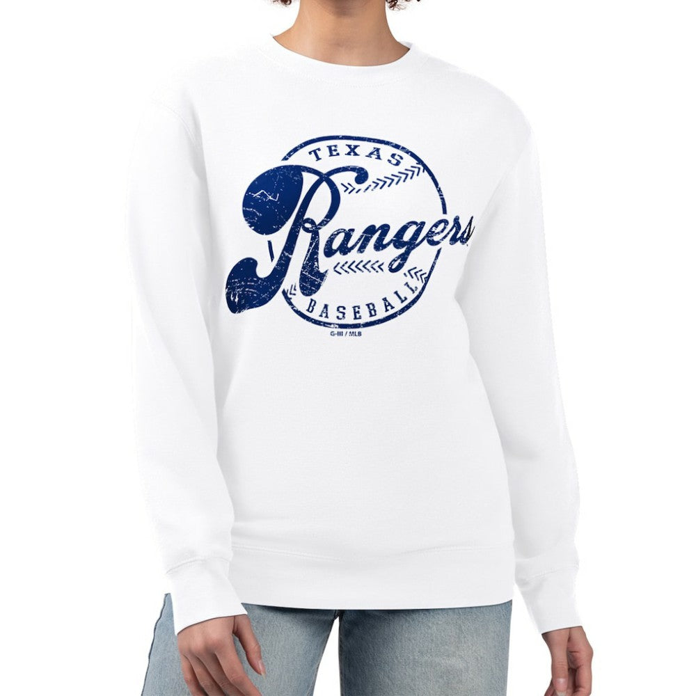 Texas Rangers G-III 4Her by Carl Banks Women's Distressed Baseball Team Fleece Pullover Sweatshirt Lifestyle