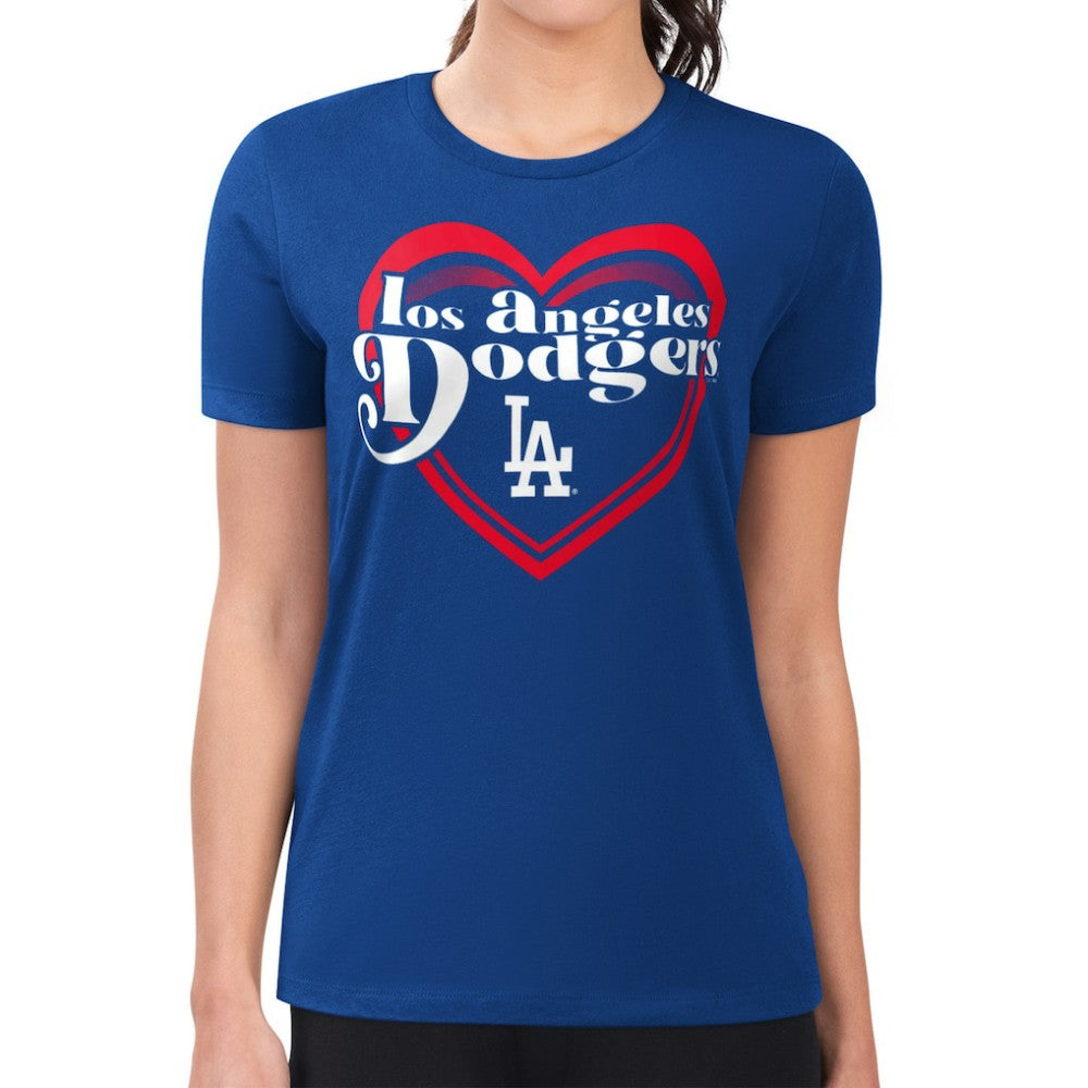 Los Angeles Dodgers G-III 4Her by Carl Banks Women's Super-Slim Fit Lightweight Double Heart T-Shirt On Sale