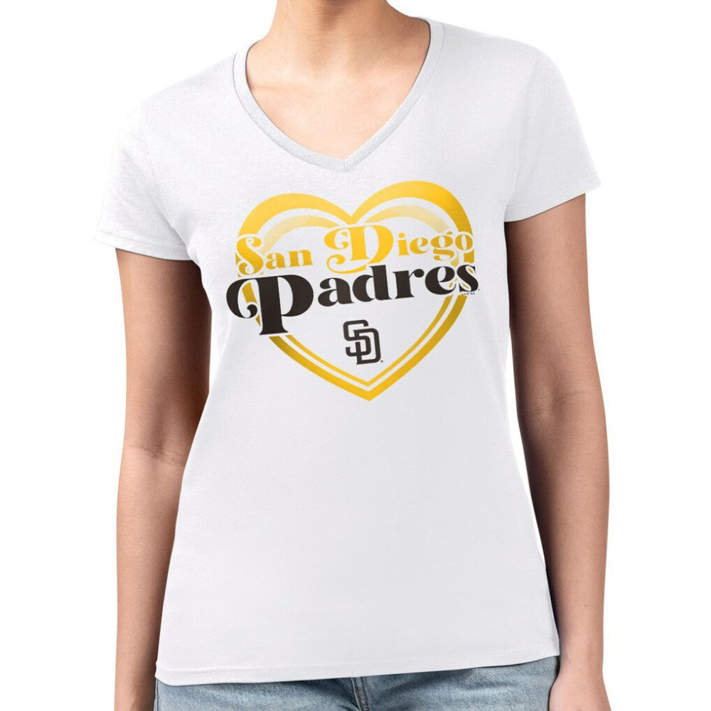 San Diego Padres G-III 4Her by Carl Banks Women's Super-Slim Fit Lightweight Double Heart V-Neck T-Shirt Online