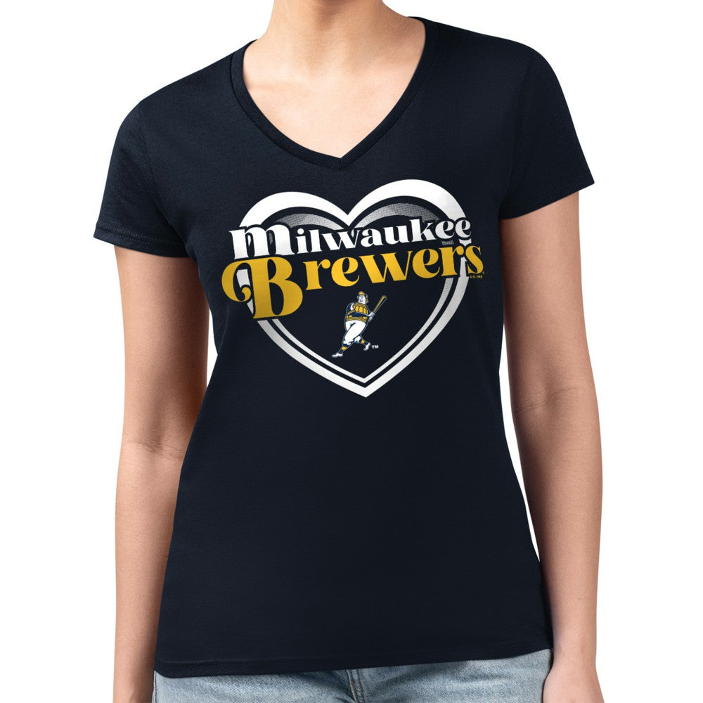 Milwaukee Brewers G-III 4Her by Carl Banks Women's Super-Slim Fit Lightweight Double Heart V-Neck T-Shirt for sale