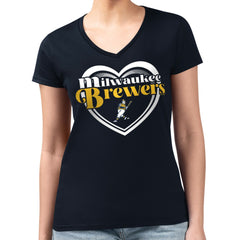 Milwaukee Brewers G-III 4Her by Carl Banks Women's Super-Slim Fit Lightweight Double Heart V-Neck T-Shirt for sale