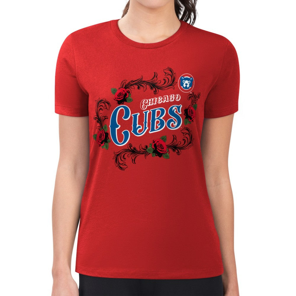 Chicago Cubs G-III 4Her by Carl Banks Women's Super-Slim Fit Lightweight Retro Roses T-Shirt Clearance