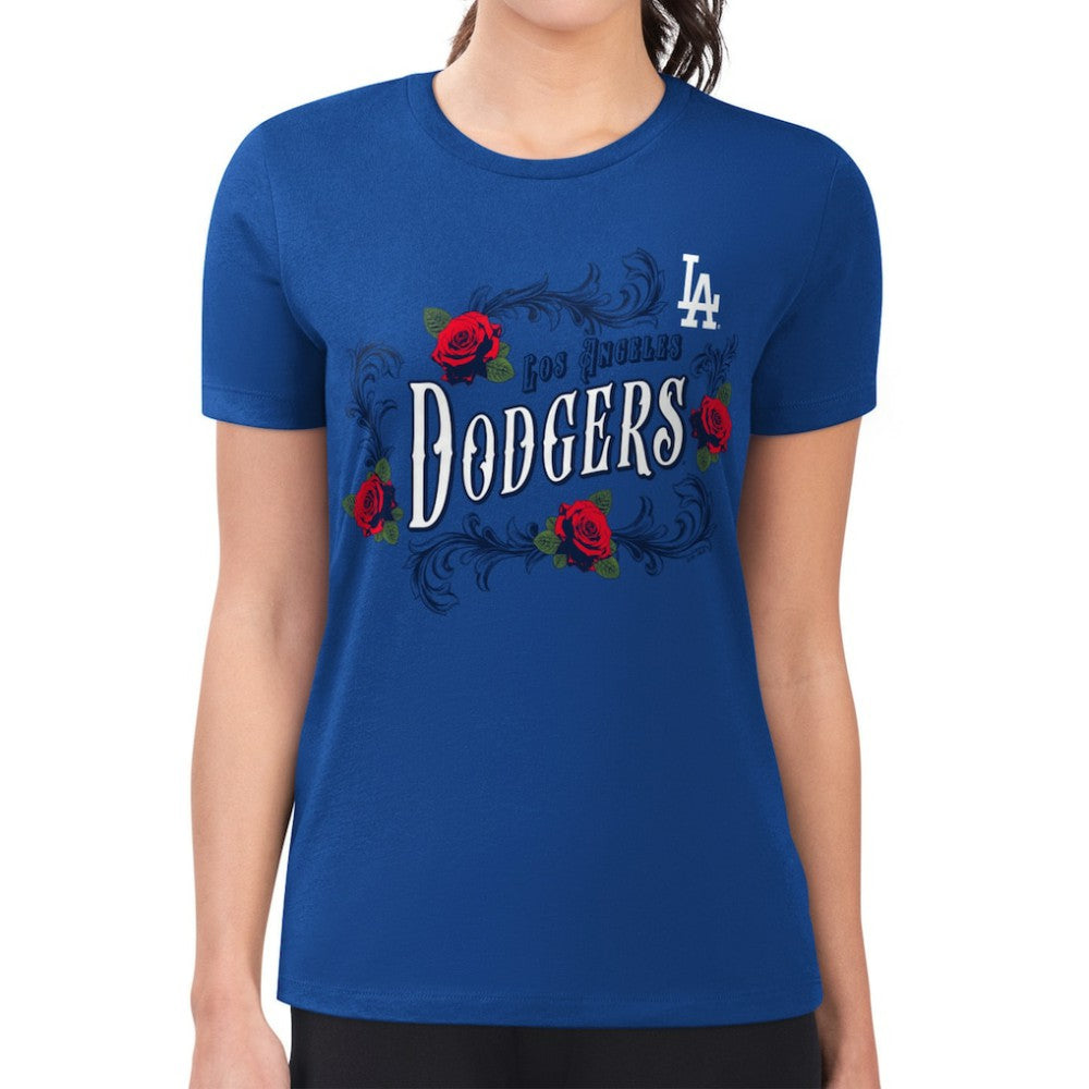 Los Angeles Dodgers G-III 4Her by Carl Banks Women's Super-Slim Fit Lightweight Retro Roses T-Shirt On Sale