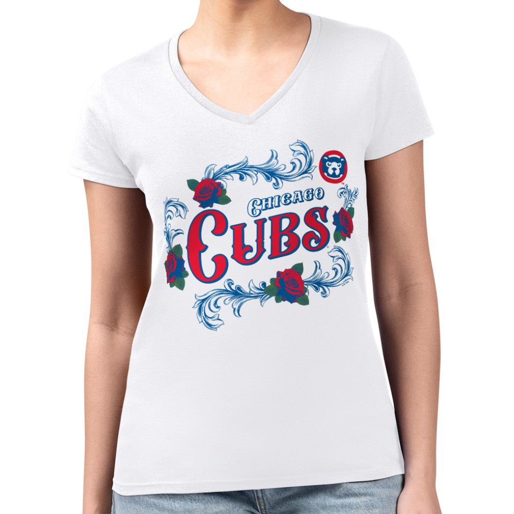 Chicago Cubs G-III 4Her by Carl Banks Women's Super-Slim Fit Lightweight Retro Roses V-Neck T-Shirt for sale
