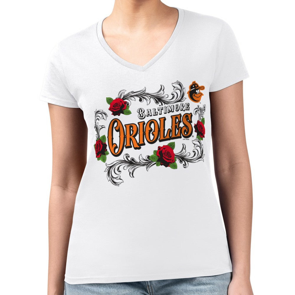 Baltimore Orioles G-III 4Her by Carl Banks Women's Super-Slim Fit Lightweight Retro Roses V-Neck T-Shirt Clearance