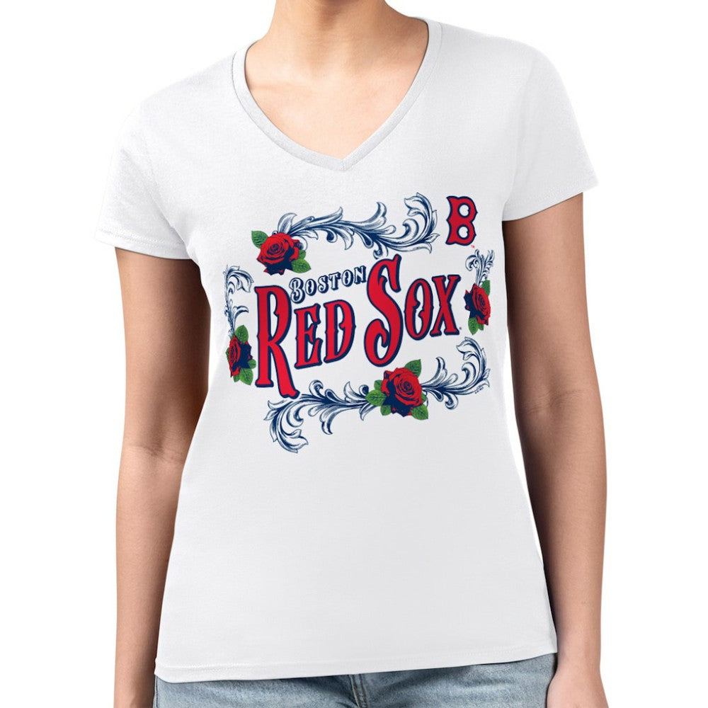 Boston Red Sox G-III 4Her by Carl Banks Women's Super-Slim Fit Lightweight Retro Roses V-Neck T-Shirt Near Me