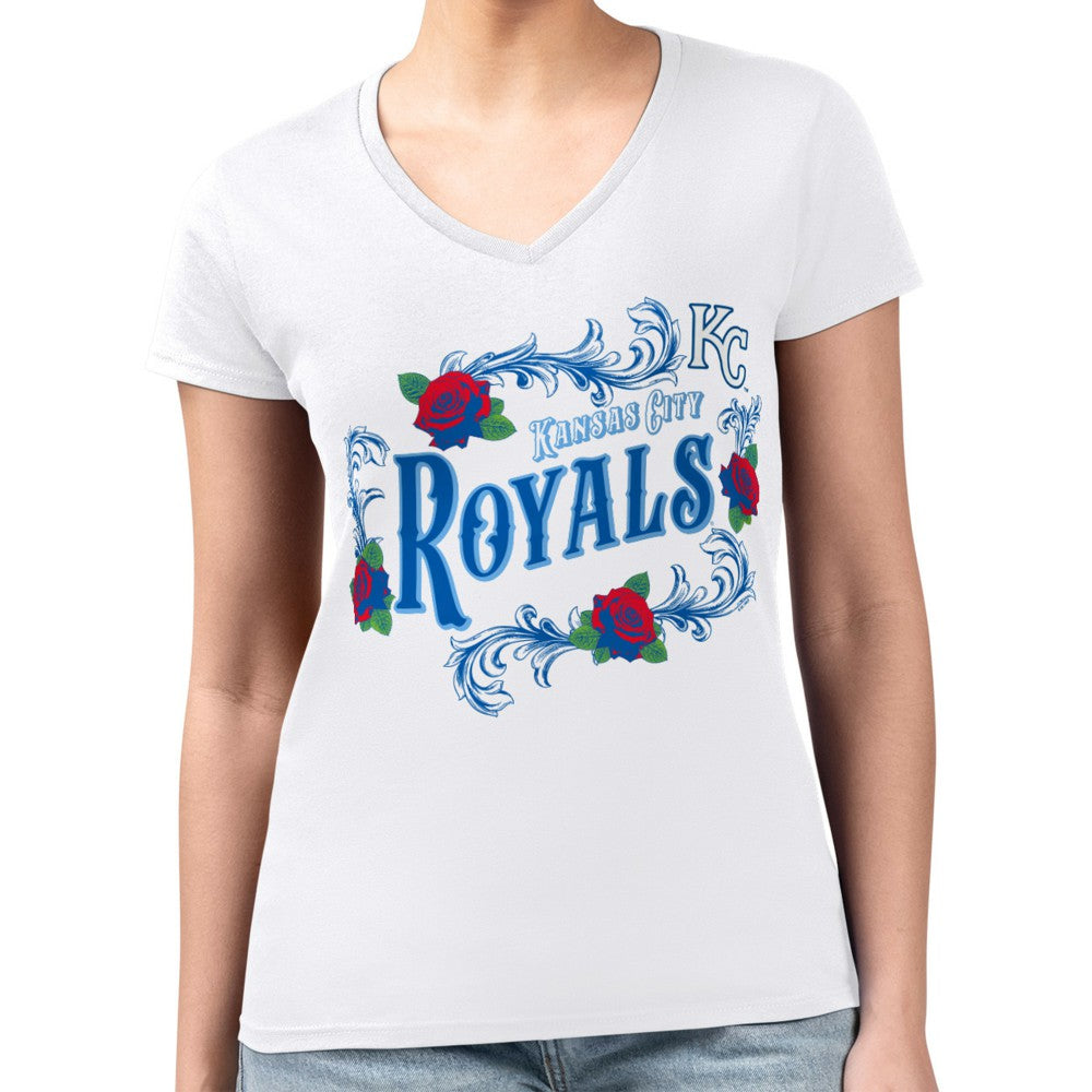 Kansas City Royals G-III 4Her by Carl Banks Women's Super-Slim Fit Lightweight Retro Roses V-Neck T-Shirt discount
