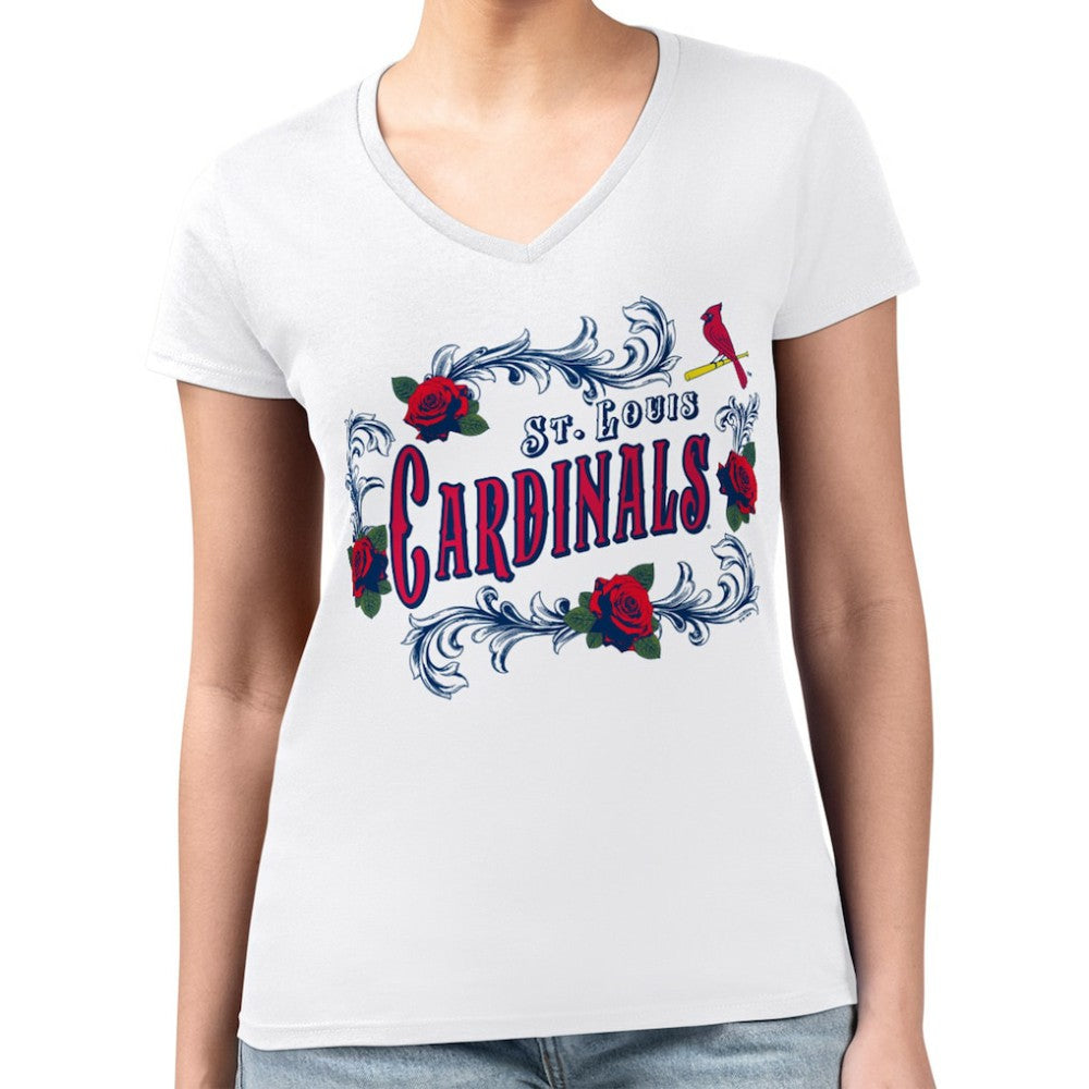 St. Louis Cardinals G-III 4Her by Carl Banks Women's Super-Slim Fit Lightweight Retro Roses V-Neck T-Shirt On Sale