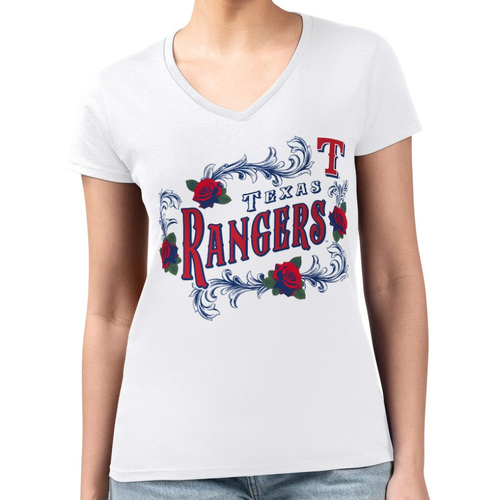 Texas Rangers G-III 4Her by Carl Banks Women's Super-Slim Fit Lightweight Retro Roses V-Neck T-Shirt for sale