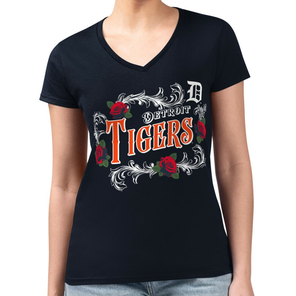 Detroit Tigers G-III 4Her by Carl Banks Women's Super-Slim Fit Lightweight Retro Roses V-Neck T-Shirt discount