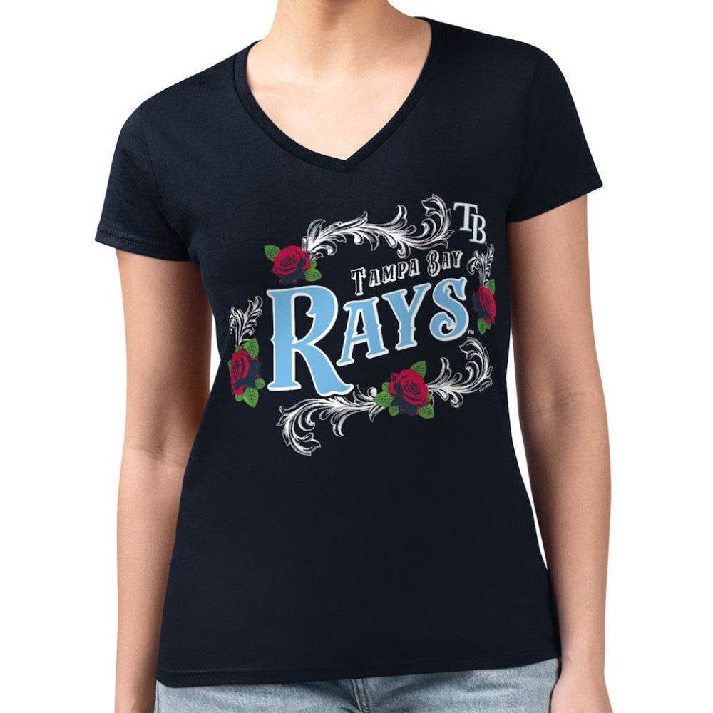 Tampa Bay Rays G-III 4Her by Carl Banks Women's Super-Slim Fit Lightweight Retro Roses V-Neck T-Shirt Clearance