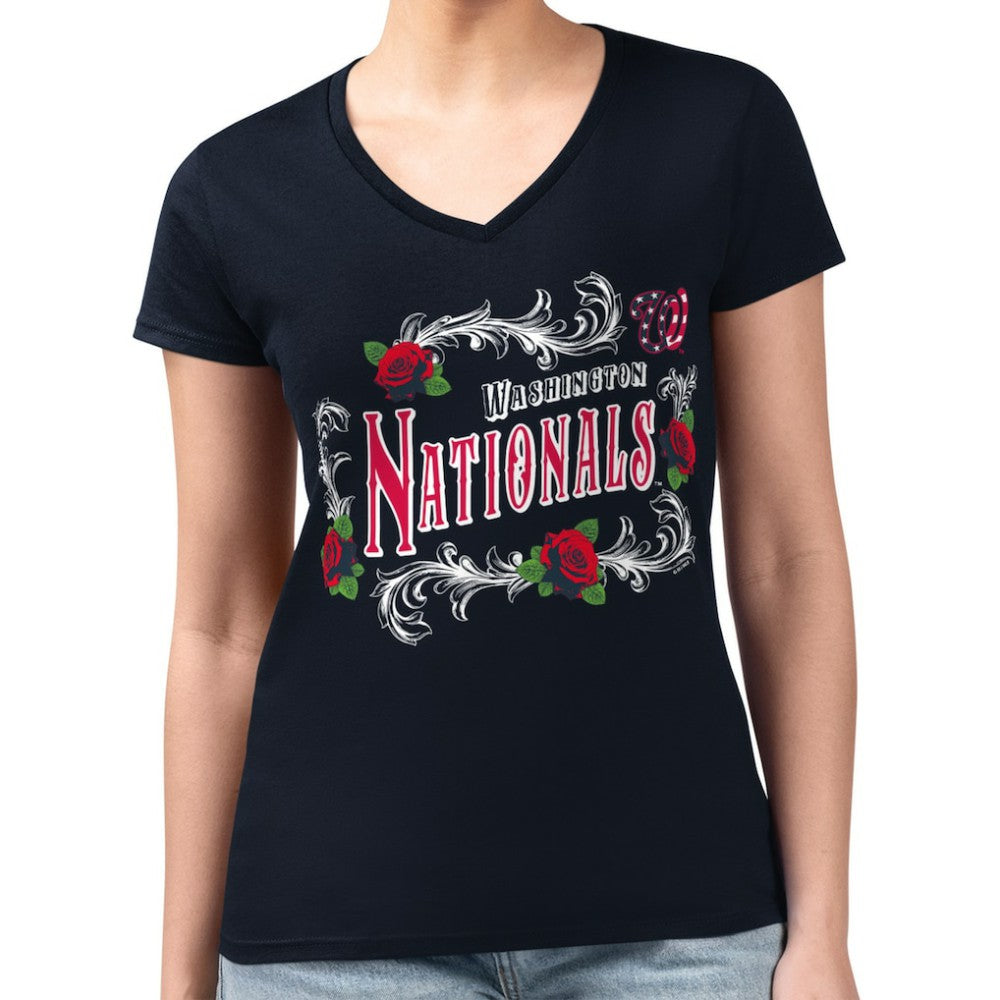 Washington Nationals G-III 4Her by Carl Banks Women's Super-Slim Fit Lightweight Retro Roses V-Neck T-Shirt for sale