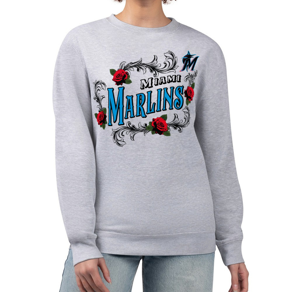 Miami Marlins G-III 4Her by Carl Banks Women's Retro Roses Fleece Pullover Sweatshirt Clearance