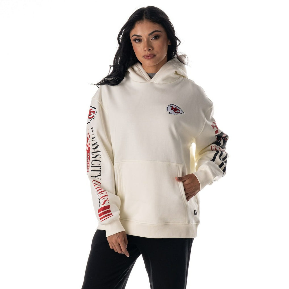 Kansas City Chiefs The Wild Collective Unisex Stacked Graphic Sleeve Fleece Hoodie Cream - NFL
