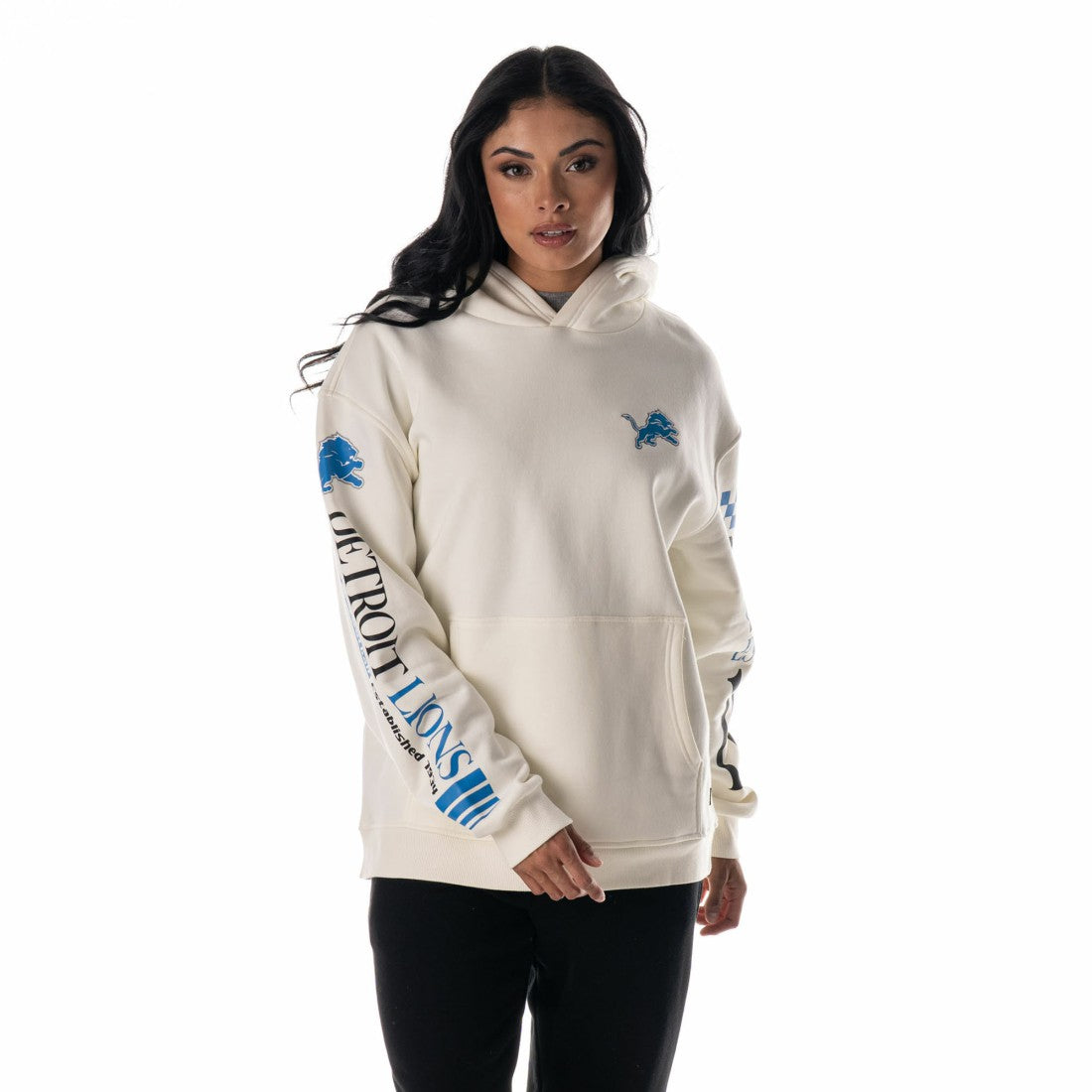 Detroit Lions The Wild Collective Unisex Stacked Graphic Sleeve Fleece Hoodie Cream - NFL