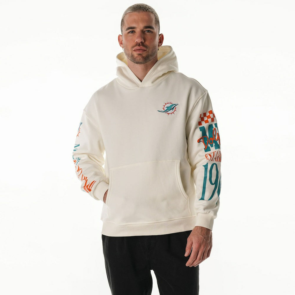 Miami Dolphins The Wild Collective Unisex Stacked Graphic Sleeve Fleece Hoodie Cream - NFL